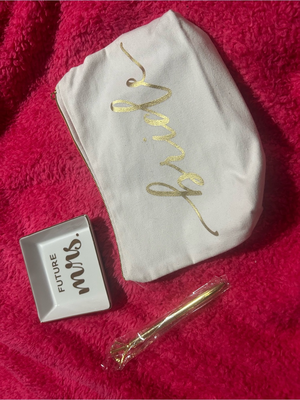 White 'bride' Makeup Bag with Gold Script